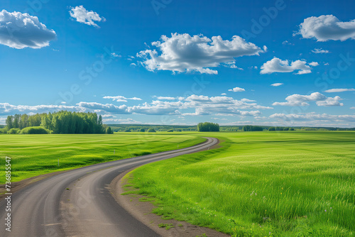 a road going through a green field in the sky at a sunny day