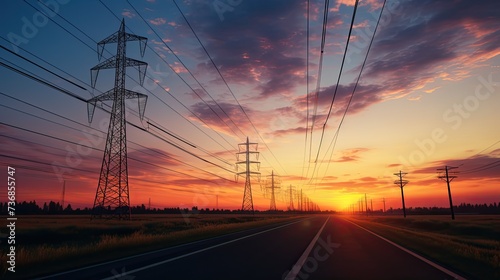 the sun is setting behind a couple of power lines, in the style of light maroon and light green, free-flowing lines, dark blue and yellow, tenwave, uhd image, non-representational, post processing