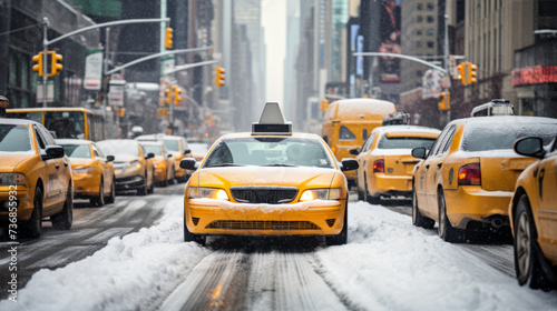 There are many Yellow taxi cars on city roads during snowfall.