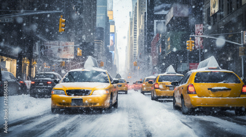 The most beautiful snowy street of the city with yellow taxi cars on the roads during the snowfall. © liliyabatyrova