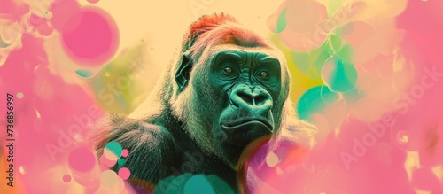 A primate with a wrinkled snout is standing in front of a colorful background, surrounded by grass. It looks like a fictional character from an art event or performing arts entertainment photo