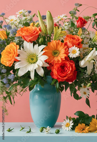 Still life with flowers in a vase. Roses, Chamomiles, Lilies. Gerberas, Asters. Valentine's Day. March 8. Mothers Day. Happy Thanksgiving. Birthday.Postcard