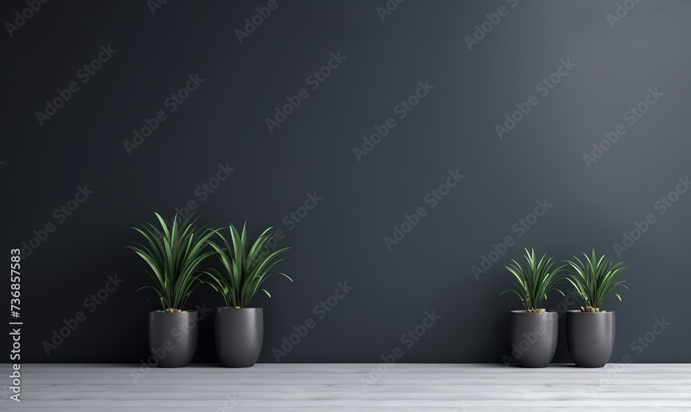 Empty room interior background with dark gray cement wall with copy space and pots with 3d plants