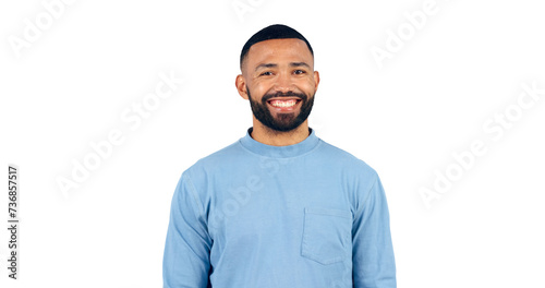 Man, portrait and happy with confidence for relax with casual fashion, outfit and trendy style with beard. Face, smile and person with optimism and good mood isolated on a png transparent background photo