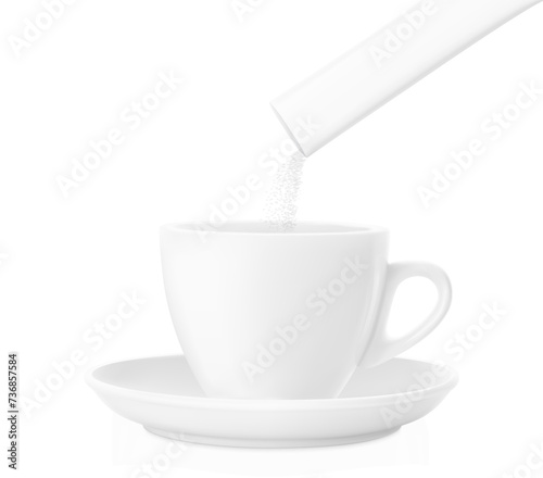 Stick pack pouring powder product in cup. Vector illustration isolated on a white background. Ready for use in presentation, promo, advertising and more. EPS10.