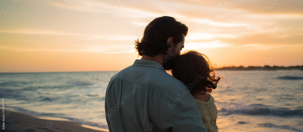 Couple Embracing at Sunset by the Sea. Intimate Moments and Romantic Coastal Getaway Concept