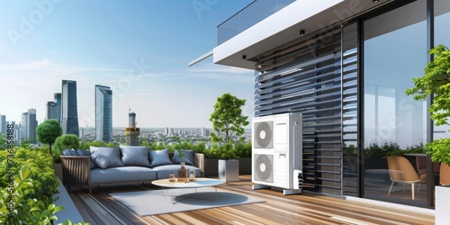A Heat Pump at Modern and Stylish Balcony Overlooking the Bustling City Skyline, with Comfortable Lounge Furniture and Lush Greenery, Inviting Relaxation Amidst the Sky Scrapers, Generative AI