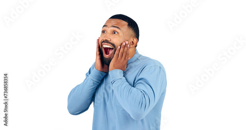 Bild auf Leinwand Surprise, news and face of man with announcement of drama in transparent, isolated or png background