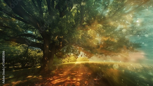 Abstract background of route and journey amidst the big tree and beautiful nature © buraratn