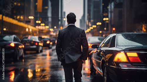 Rear view of a businessman wearing a black suit on a city street trying to stop a taxi. © liliyabatyrova