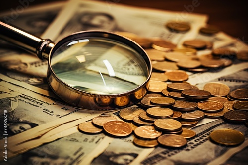 Shiny metal coins and paper currency displayed on a table for financial exchange and investment