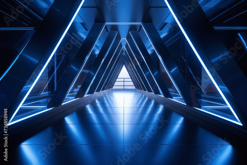 The futuristic triangular corridor, bathed in blue lighting with a reflective floor, showcasing modern design and sci-fi elegance.