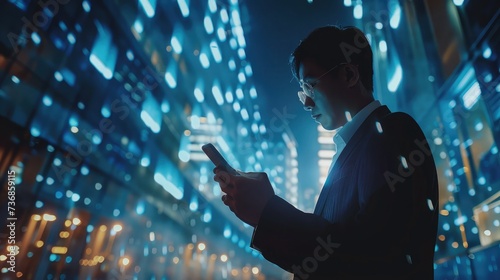 Businessman using mobile smart phone. Business global internet connection application technology and digital marketing, Financial and banking, Digital link tech, big data.