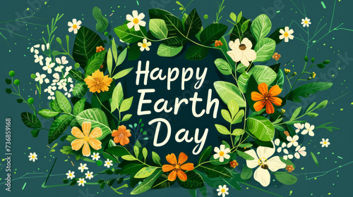 Happy Earth Day illustration background with green plants and round earth in the middle to celebrate April 22 world earth day