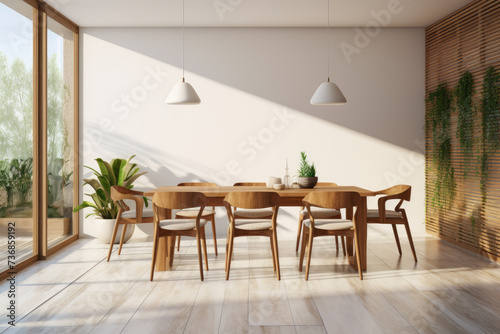 Step into a contemporary dining room brought to life through 3D rendering, featuring elegant interior styling with quality wooden chairs and table.