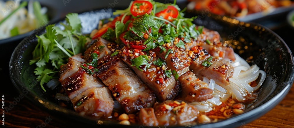 A detailed shot of a dish featuring fresh produce, cooked pork meat, and colorful ingredients on a table ready to be served as a delicious cuisine