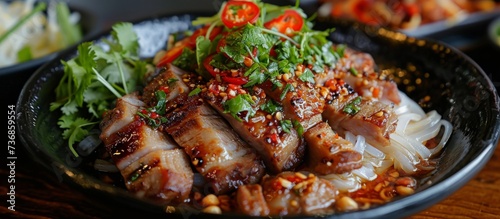 A detailed shot of a dish featuring fresh produce, cooked pork meat, and colorful ingredients on a table ready to be served as a delicious cuisine