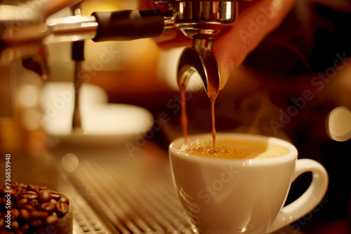 Close-up of espresso pouring from coffee machine in coffee shop. generative ai