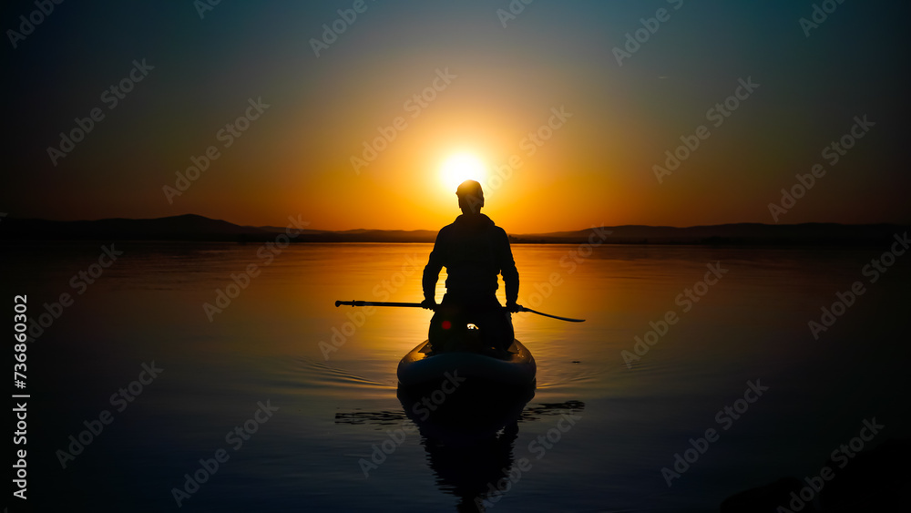 A young man is sailing on a quiet lake on a SUP board at sunset. A beautiful golden sunset. Active recreation of a person in nature. A young man is sailing on a quiet lake on a SUP board at sunset. A beautiful golden sunset. Active recreation of a person in nature.