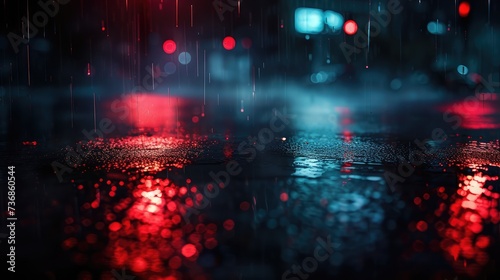 Light effect, blurred background. Wet asphalt, night view of the city, neon reflections on the concrete floor. Night empty stage, studio. Dark abstract background, dark empty street. Night city.