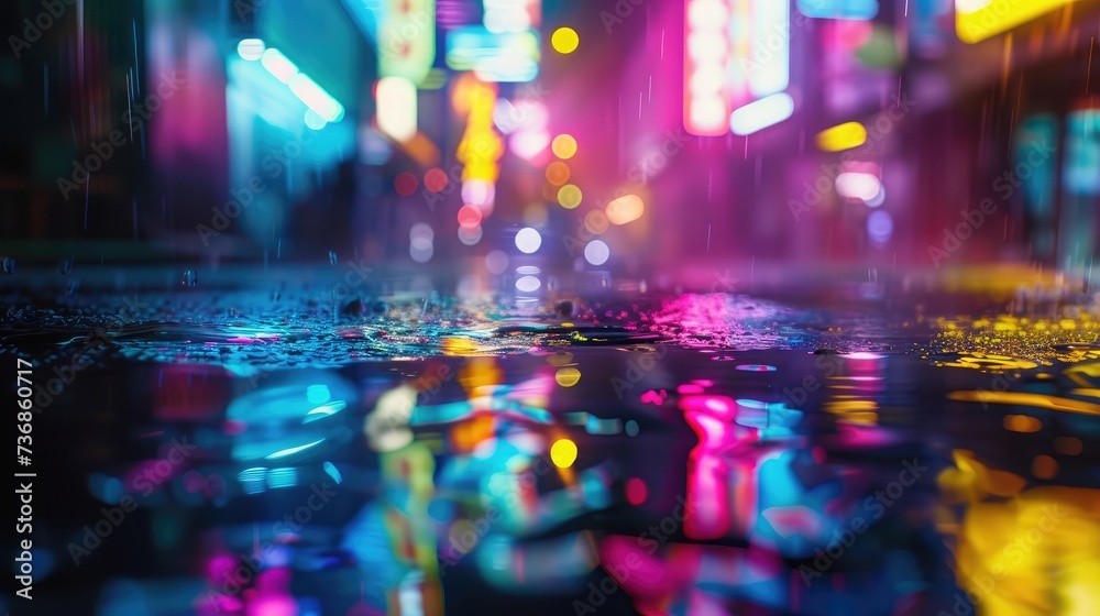 Multi-colored neon lights on a dark city street, reflection of neon light in puddles and water. Abstract night background, blurred bokeh light. Night view.