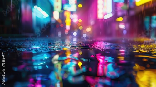 Multi-colored neon lights on a dark city street, reflection of neon light in puddles and water. Abstract night background, blurred bokeh light. Night view.