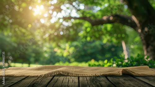 Nature background and table wood for product display template, Empty wooden table and sack tablecloth over blur green tree at park, garden outdoor with bokeh light background