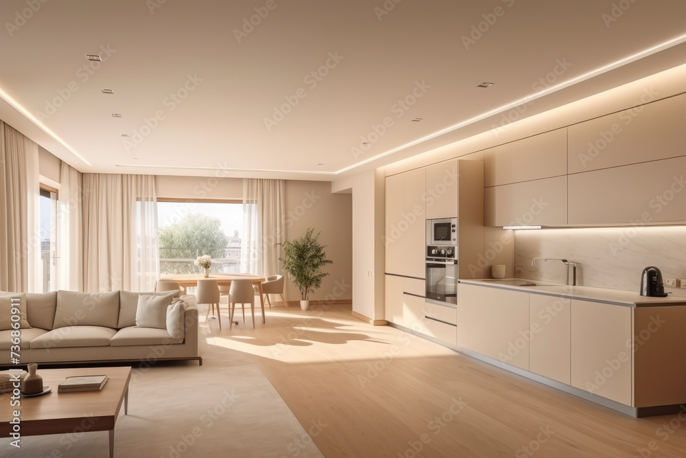 Fototapeta premium The elegance of modern interior design with this apartment's kitchen and empty living room, featuring a sophisticated beige wall and minimalist style.