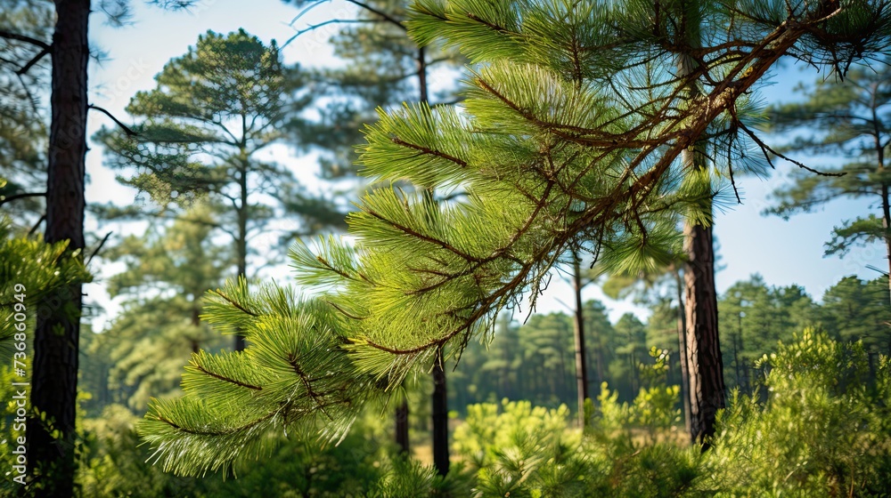 Fototapeta premium ultra realistic photo of beautiful nature with pine trees and sky, summer, soft sunlight breaks through the pine trees, a clearing in front of the forest