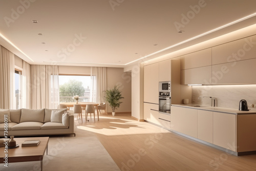 The elegance of modern interior design with this apartment s kitchen and empty living room  featuring a sophisticated beige wall and minimalist style.
