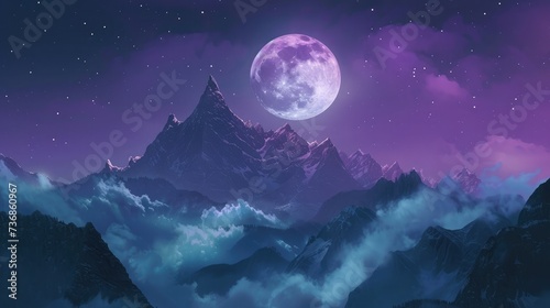 Night mountains landscape with moon light. Beauty nature background