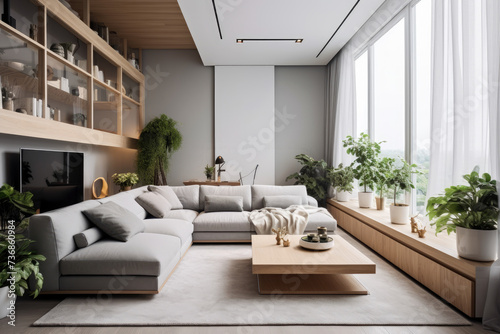 A modern one-room house design blending grey and white colors with the lushness of indoor plants and the convenience of smart technology for a sleek, contemporary living space. © Mongkol