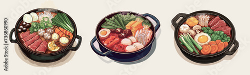 Vector free vector watercolor hot pot illustration set troop pot shabushabupork slicesbrisketsea food