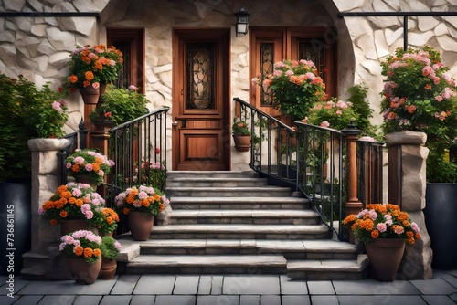 flowerpots with flowers at the staircase of the front porch with doors of the building faced with granite stone with wooden railings the exterior of the backyard architecture with bushes