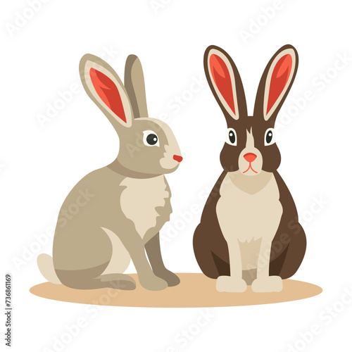 Two long-eared cute rabbits on isolated white background. Illustration in vector