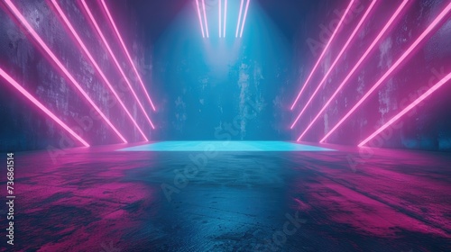 Product showcase spotlight background. Background wall with neon lines and rays.