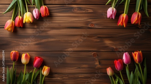 Row of tulips on wooden background with space for message. Mother's Day background. Top view