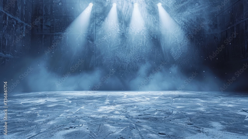 Snow and ice background.Empty ice rink illuminated by spotlights Snow and ice background.Empty ice rink illuminated by spotlights