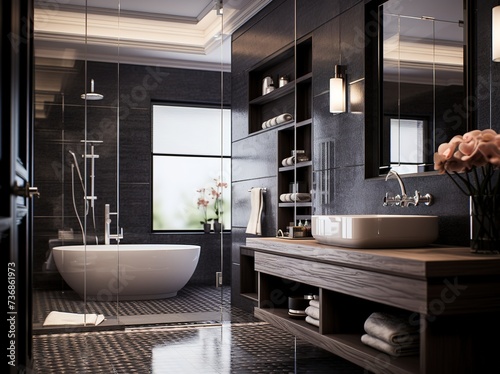 Fototapeta Naklejka Na Ścianę i Meble -  bathroom room ideas, including bathtub, glass, towels, shower, shelf table which are simple and minimalist but still give the impression of being clean and elegant.