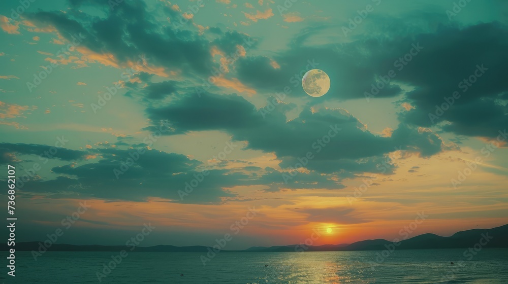 Super moon. Colorful sky with cloud and bright full moon over seascape in the evening. Serenity nature background, outdoor at nighttime. Cross process. The moon taken Super moon. Colorful sky with cloud and bright full moon over seascape in the evening. Serenity nature background, outdoor at nighttime. Cross process. The moon taken