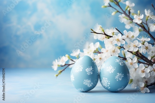 Two beautifully decorated easter eggs with colorful spring flowers on a soft, pastel blue background