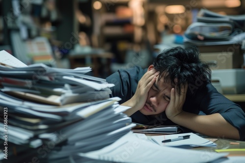 Man that is sitting in a pile of papers photo