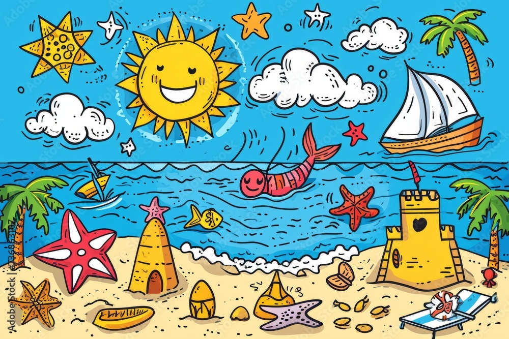 Naklejka premium Cartoon cute doodles of a summer beach day, with characters building sandcastles, playing beach volleyball, and enjoying the waves, Generative AI