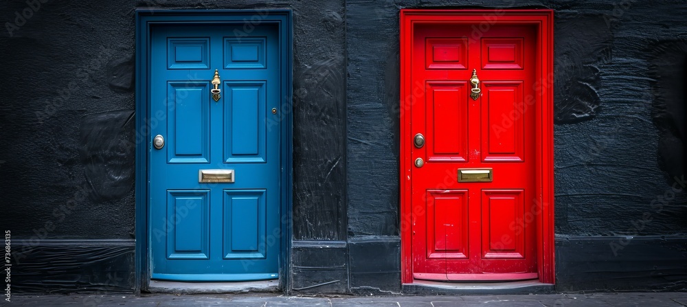 Red and blue wooden house door entrance. Symbolizes the presidential election democracy choice. Generative AI technology. Red and blue wooden house door entrance. Symbolizes the presidential election democracy choice. Generative AI technology.