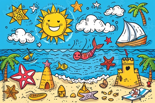 Cartoon cute doodles of a summer beach day, with characters building sandcastles, playing beach volleyball, and enjoying the waves, Generative AI