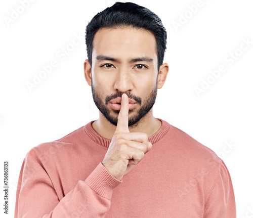 Secret, finger and portrait of man with privacy, silence and confidential for information. Asian male person, emoji and shush or whisper the gossip, mystery and isolated on transparent png background