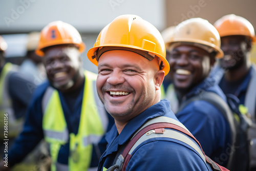 Group of Joyful Construction Workers in Safety Gear Celebrating Teamwork. Industrial Workforce Community Concept