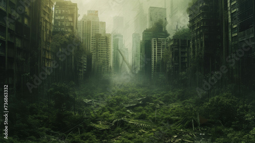 The silence of a desolate cityscape is broken only by the soft rustling of vegetation reclaiming what was once theirs. Crumbling buildings and overgrown streets evoke a sense