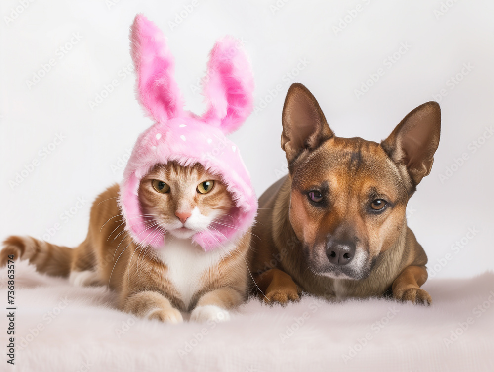 Cute cat and dog wearing bunny ears headband studio shot background, easter egg celebration concept Cute cat and dog wearing bunny ears headband studio shot background, easter egg celebration concept