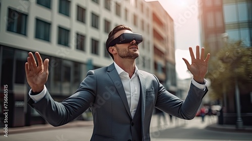 Very excited business young man using Apple Vision Pro VR glasses, touching something invisible on Street walking in city and building background